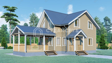 Проект полутораэтажного дома из бруса с террасой Проект полутораэтажного дома из бруса с террасой